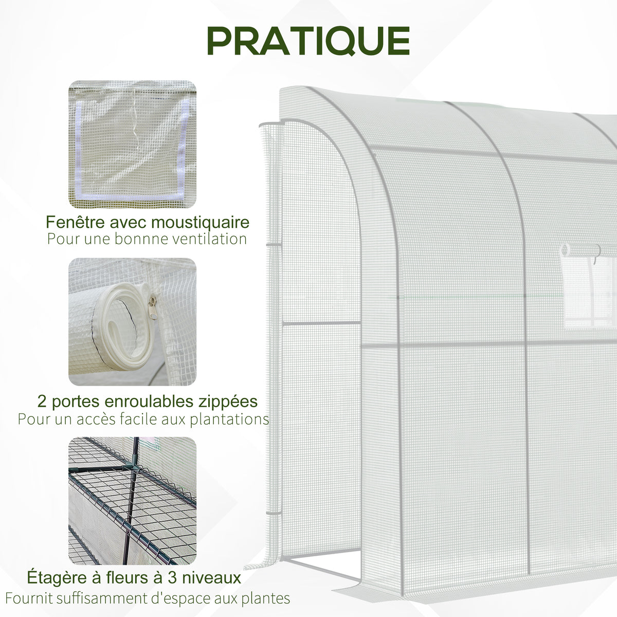 Serre de jardin PE avec étagères 3 niveaux, serre de balcon, bâche renforcée 140 g/m², châssis en acier blanc-5