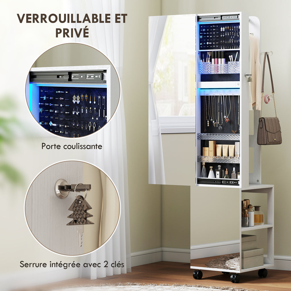 Armoire à bijoux armoire avec miroir sur pied pivotante à 360° éclairage LED 37x40x165,5cm cadre blanc, doublure noire-8