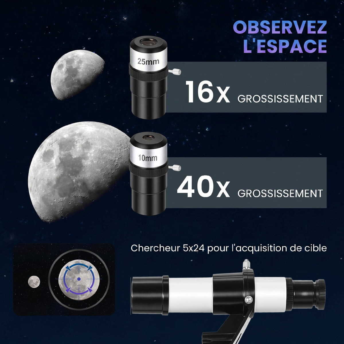 Télescope Astronomique pour Adultes et Débutants 70 mm, 2 Oculaire 40X/16X, Trépied Réglable, 80 x 80 x 135 cm, Blanc-4