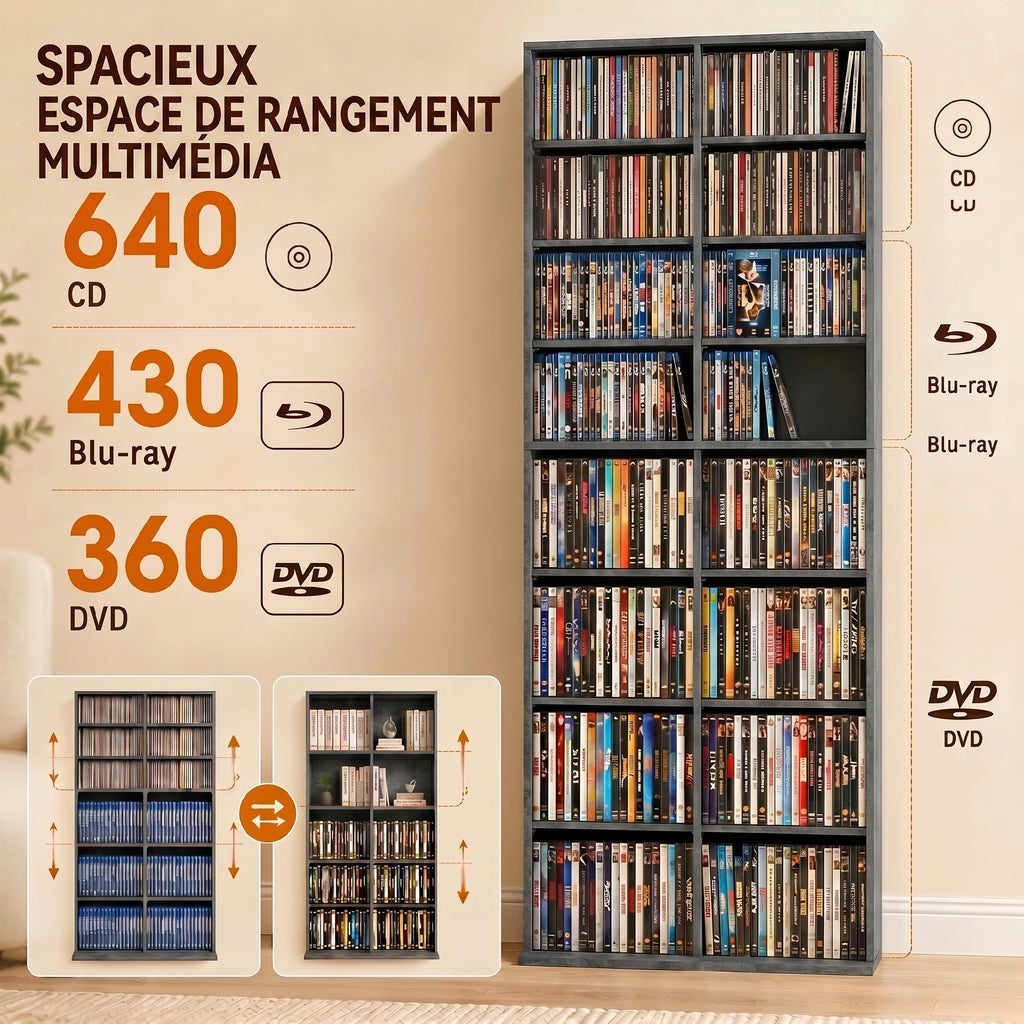 Rangements pour CD et DVD 18 compartiments capacité max. 640 CD/360 DVD 430 Blu-ray 78,5 x 24 x 175 cm gris clair-3