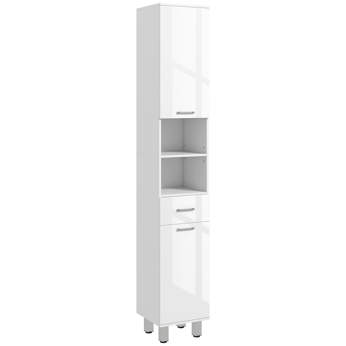 Meuble colonne salle de bain avec étagères réglables et compartiments ouverts, 30x30x180cm, blanc brillant-0