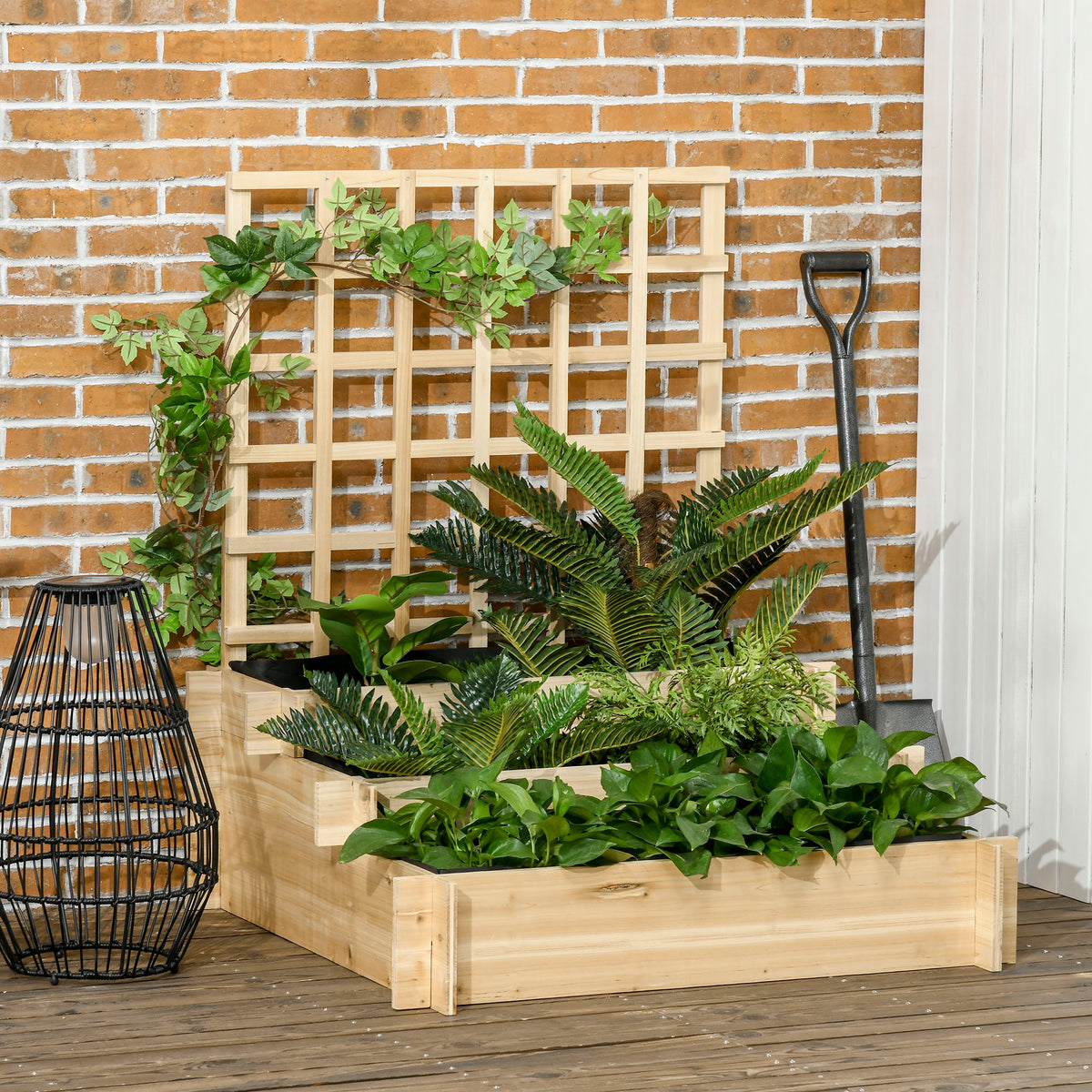 Carré potager jardinière à 3 étages avec treillis lit surélevé en bois pour plantes grimpantes légumes fleurs naturel-1