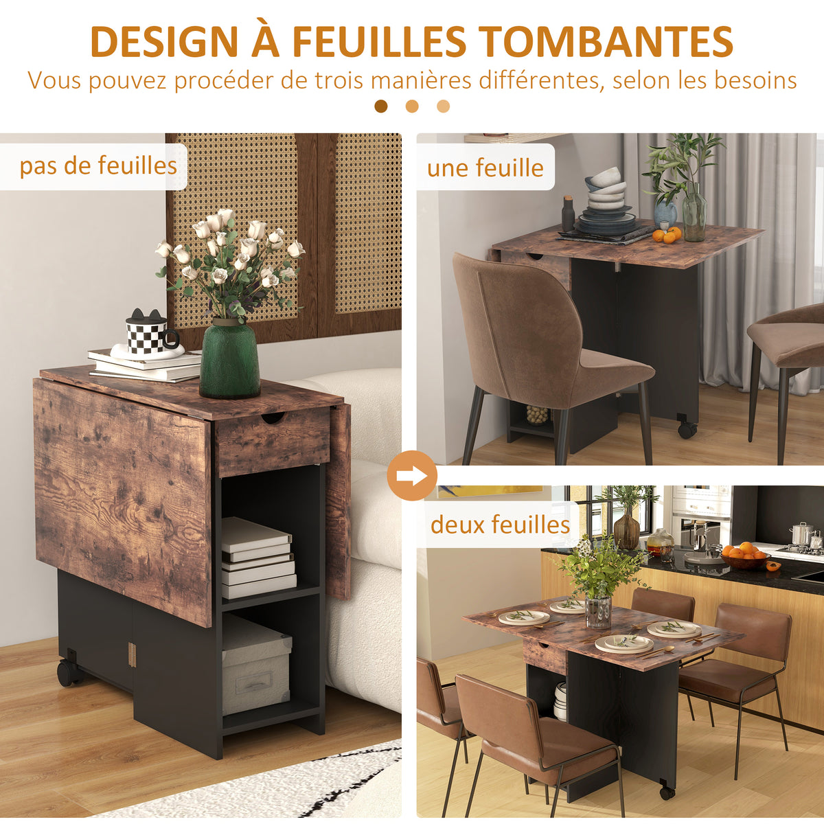 Table à manger pliante table de cuisine extensible pour 2 à 4 personnes 2 abattants 120 x 72 x 75 cm rustique et noir-4