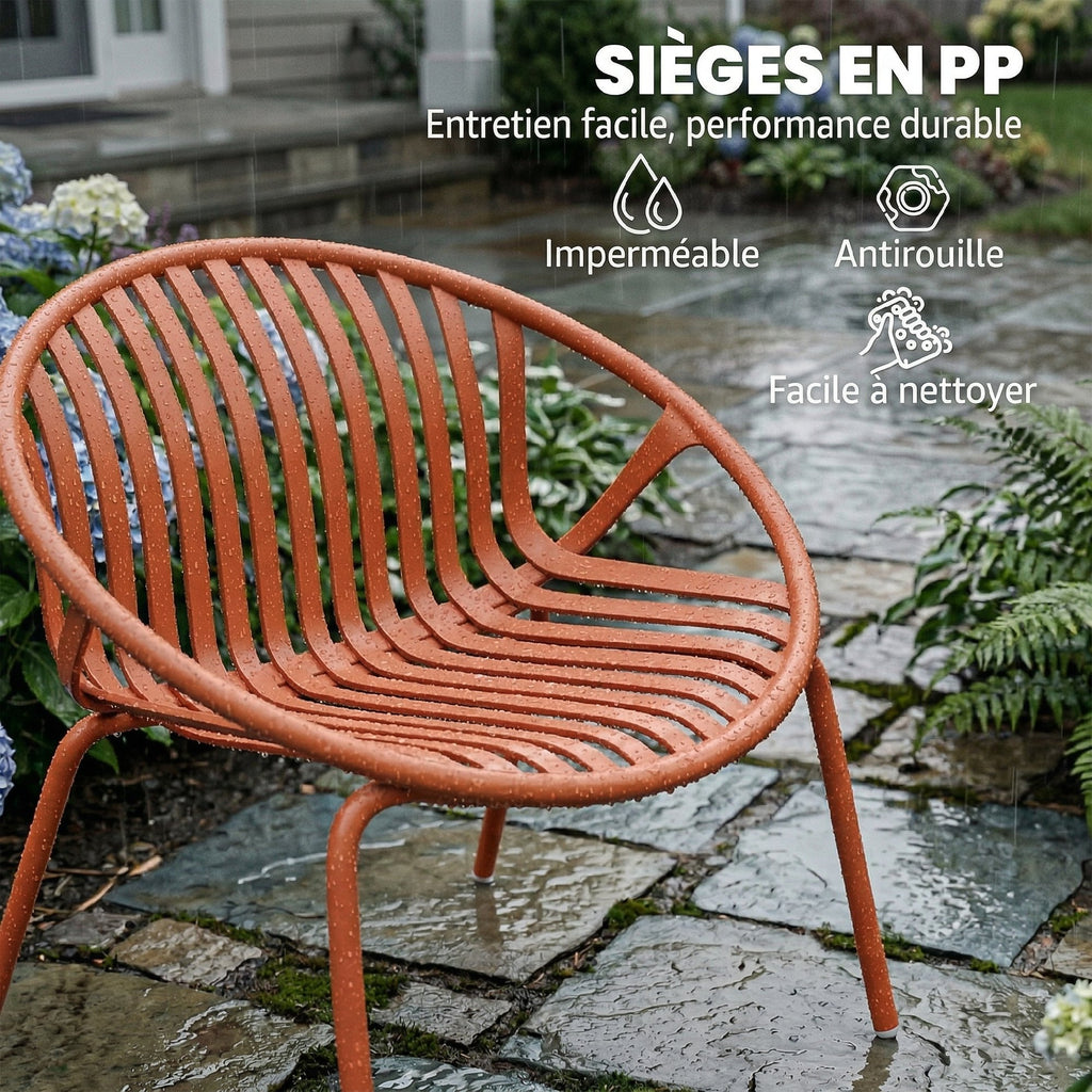 Salon de Jardin Ensemble Bistro 3 Pièces Table Basse à Plateau Concave Acier et Polypropylène 80x70x75cm Rouge Brique-4