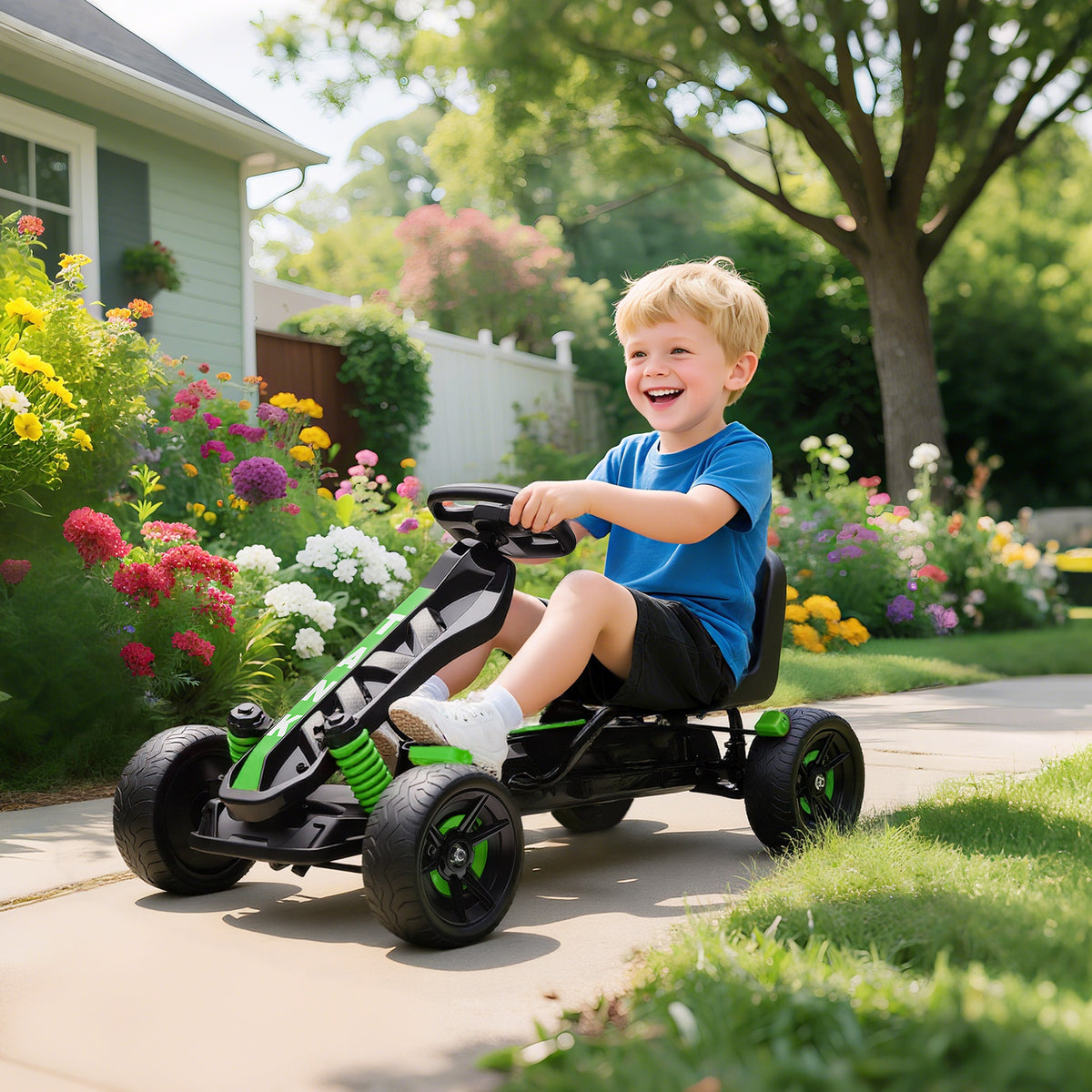 Kart à pédales pour enfants, karting enfant 3 à 6 ans avec roue libre, frein, roues EVA antidérapantes, vert-1