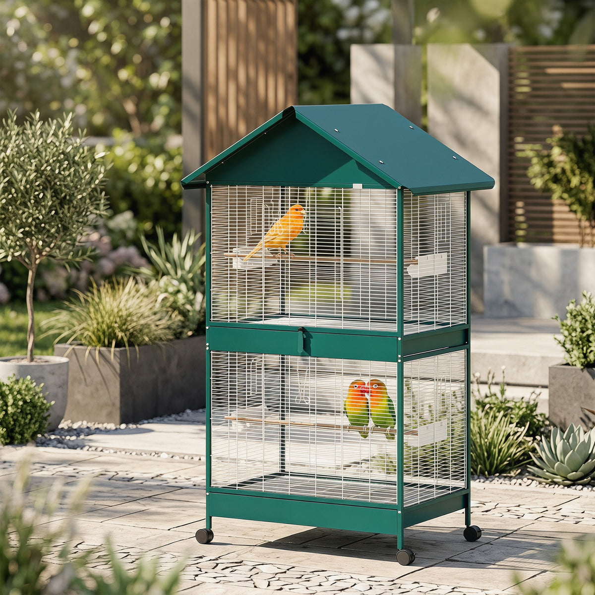 Cage à oiseaux sur roulettes avec séparateur amovible, 4 mangeoires et 2 perchoirs, 2 plateaux coulissants, 94x70x158cm-9