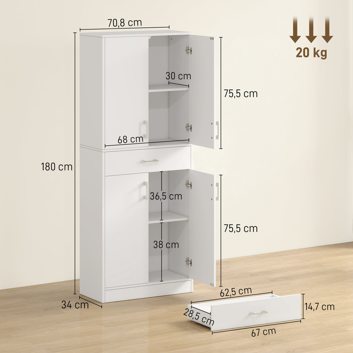 Buffet haut armoire de cuisine 4 portes 2 placards et 1 tiroir central hauteur 180 cm avec 2 étagères réglables blanc-2
