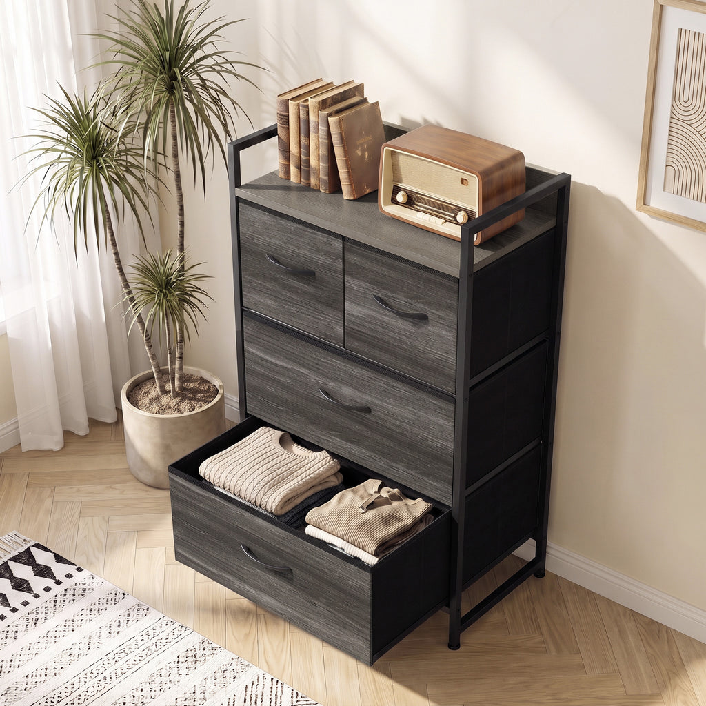 Meuble de Rangement Style Industriel, Commode 4 Tiroirs en Tissu Pliables et Amovibles et 1 Étagère, 50x29x85cm, Gris-8