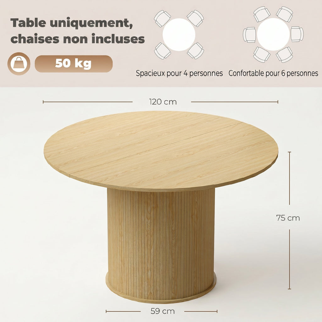Table à manger ronde pour 4-6 personnes, Ø 120 x 75 cm, table de cuisine avec base cylindrique cannelée, bois naturel-2