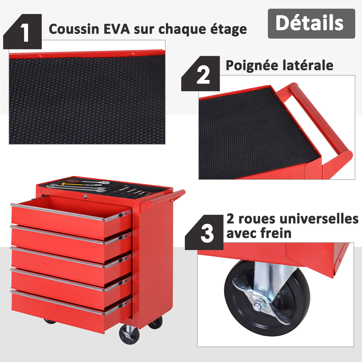 Chariot à outils sur roulettes pour atelier avec 5 tiroirs verrouillable 2 clés acier 69 x 33 x 75 cm rouge-4
