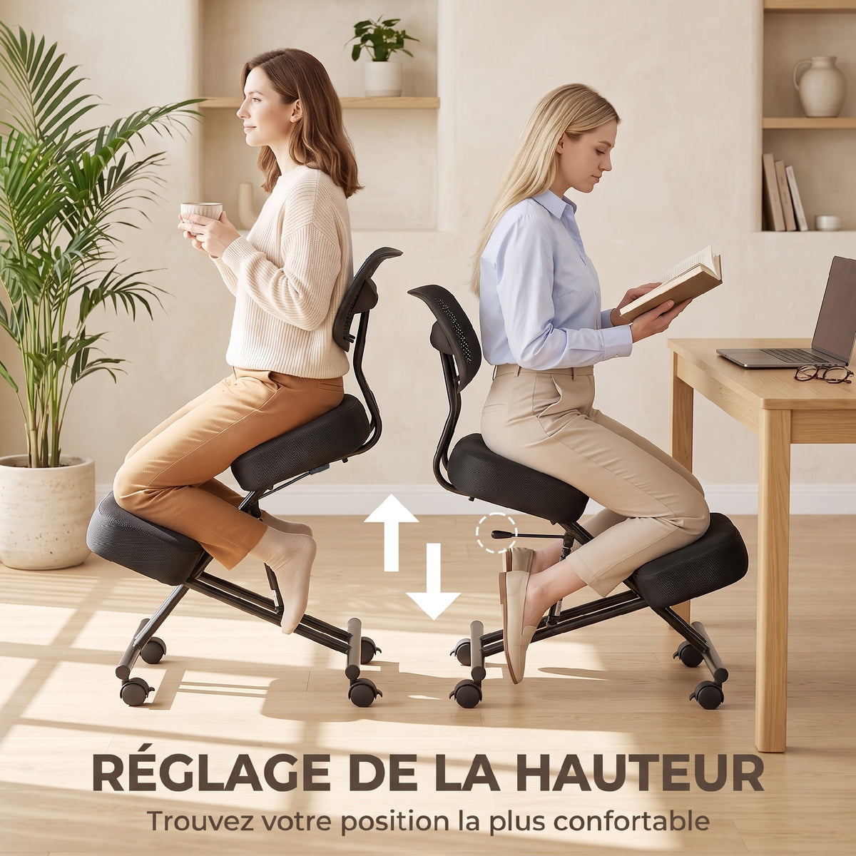 Chaise à Genoux Ergonomique avec Dossier, Siège Assis Genoux Réglable en PU sur Roulettes, Noir-5