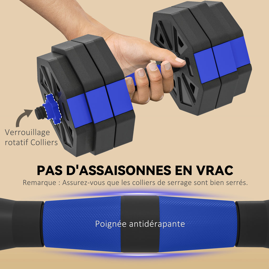 Ensemble d'Haltères Musculation 6-en-1 Haltère Réglable 30 kg Kettlebell, Barre de Musculation Support pour Pompes Bleu-5