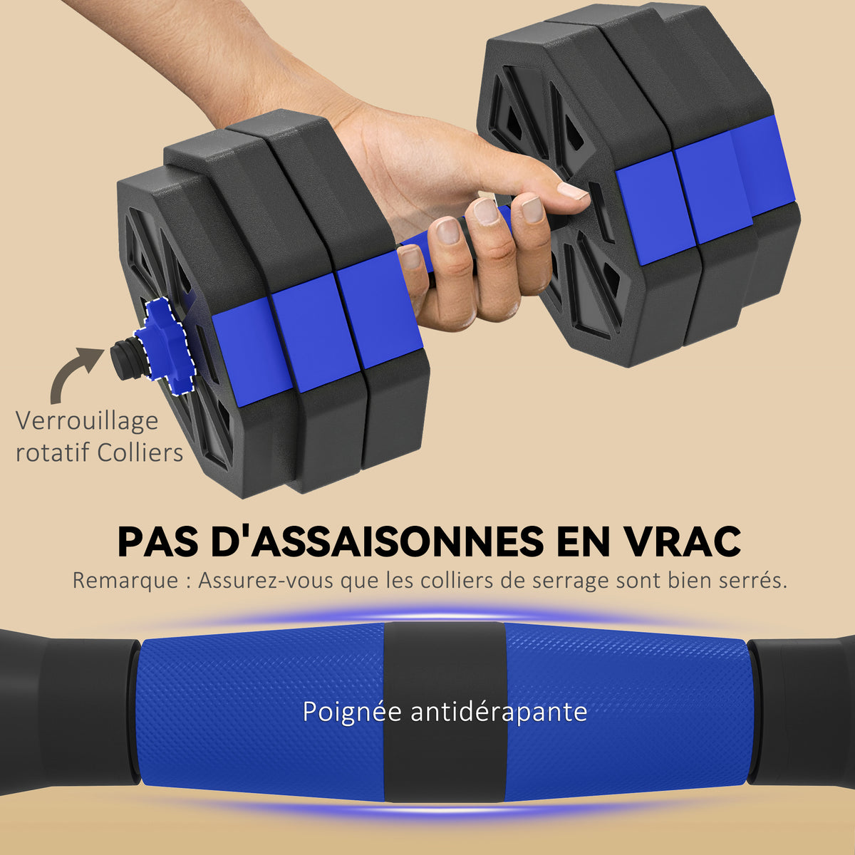 Ensemble d'Haltères Musculation 6-en-1 Haltère Réglable 30 kg Kettlebell, Barre de Musculation Support pour Pompes Bleu-5