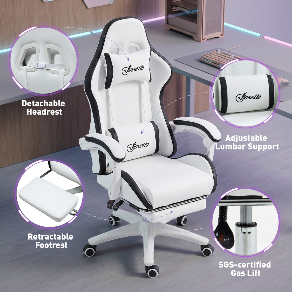 Siège gaming fauteuil gaming dossier inclinable 135° avec appui-tête repose-pieds 65l x 65P x 121-129H cm blanc et noir-7