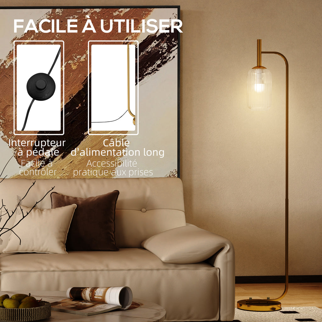 Lampadaire sur pied salon lampe sur pied avec abat-jour en verre texturé interrupteur à pied 29 x 25 x 152 cm métal or-4