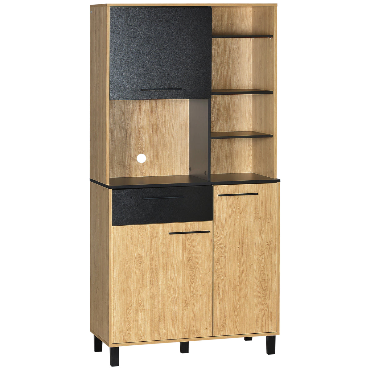 Armoire de cuisine multi-rangements avec tiroir 3 placards 4 niches et passe-câbles hauteur 180 cm noir et bois naturel-0