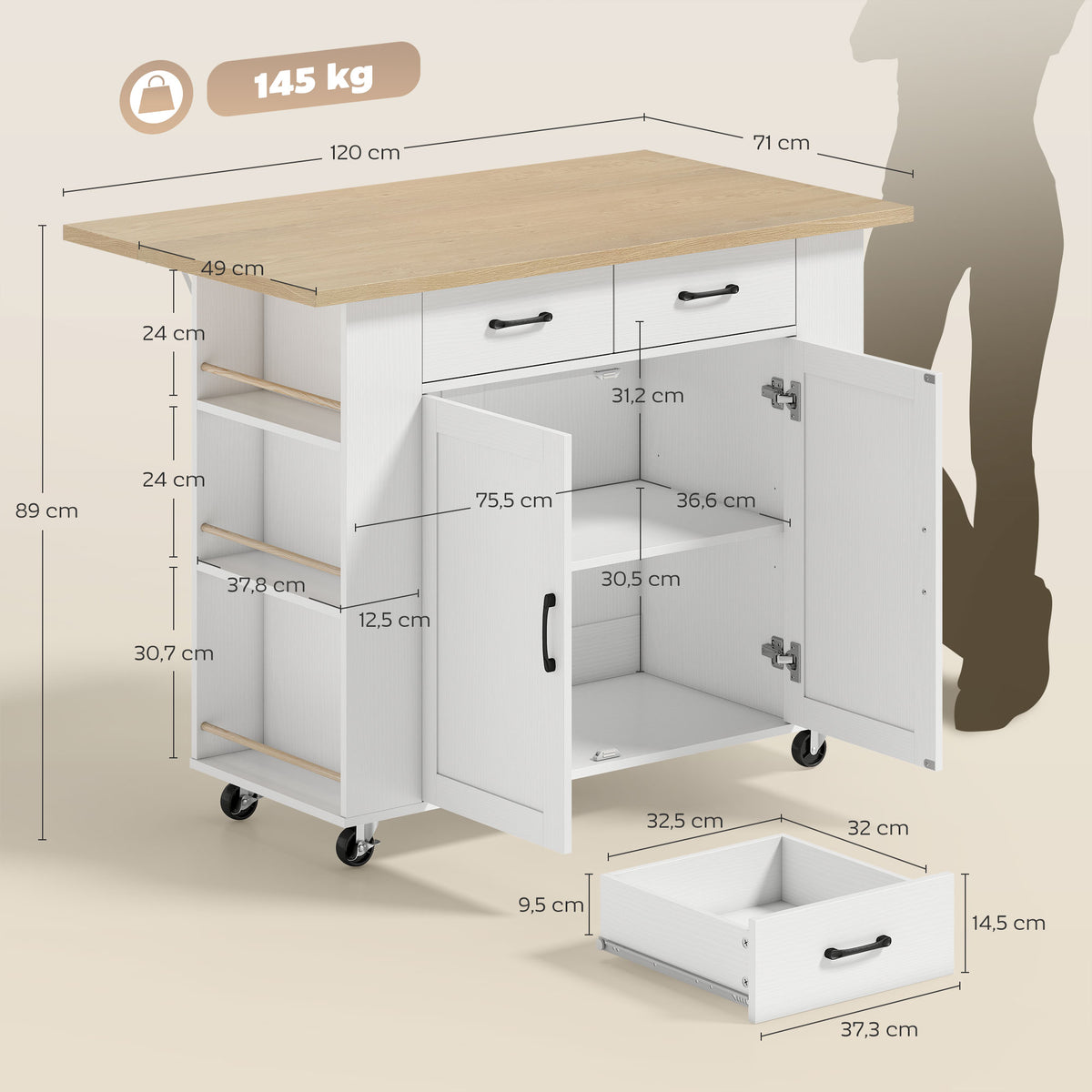 Îlot de Cuisine avec Station de Charge, Chariot de Cuisine à Roulettes avec Plan de Travail Rabattable, 2 Tiroirs, Blanc-2