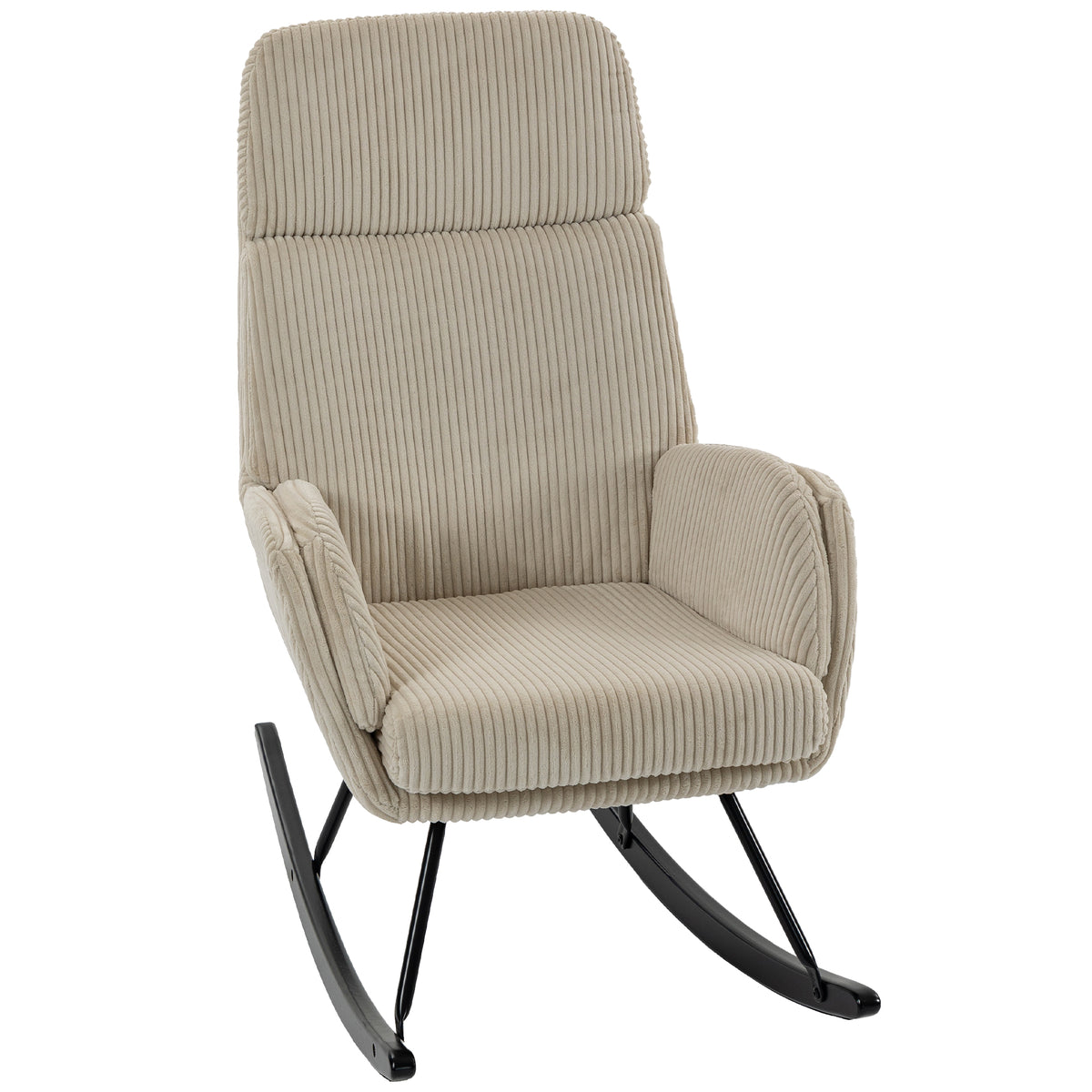 Fauteuil à Bascule, Rocking Chair en Velours Côtelé avec Dossier Haut et Accoudoirs, Pieds en Bois d'hévéa, Beige-0