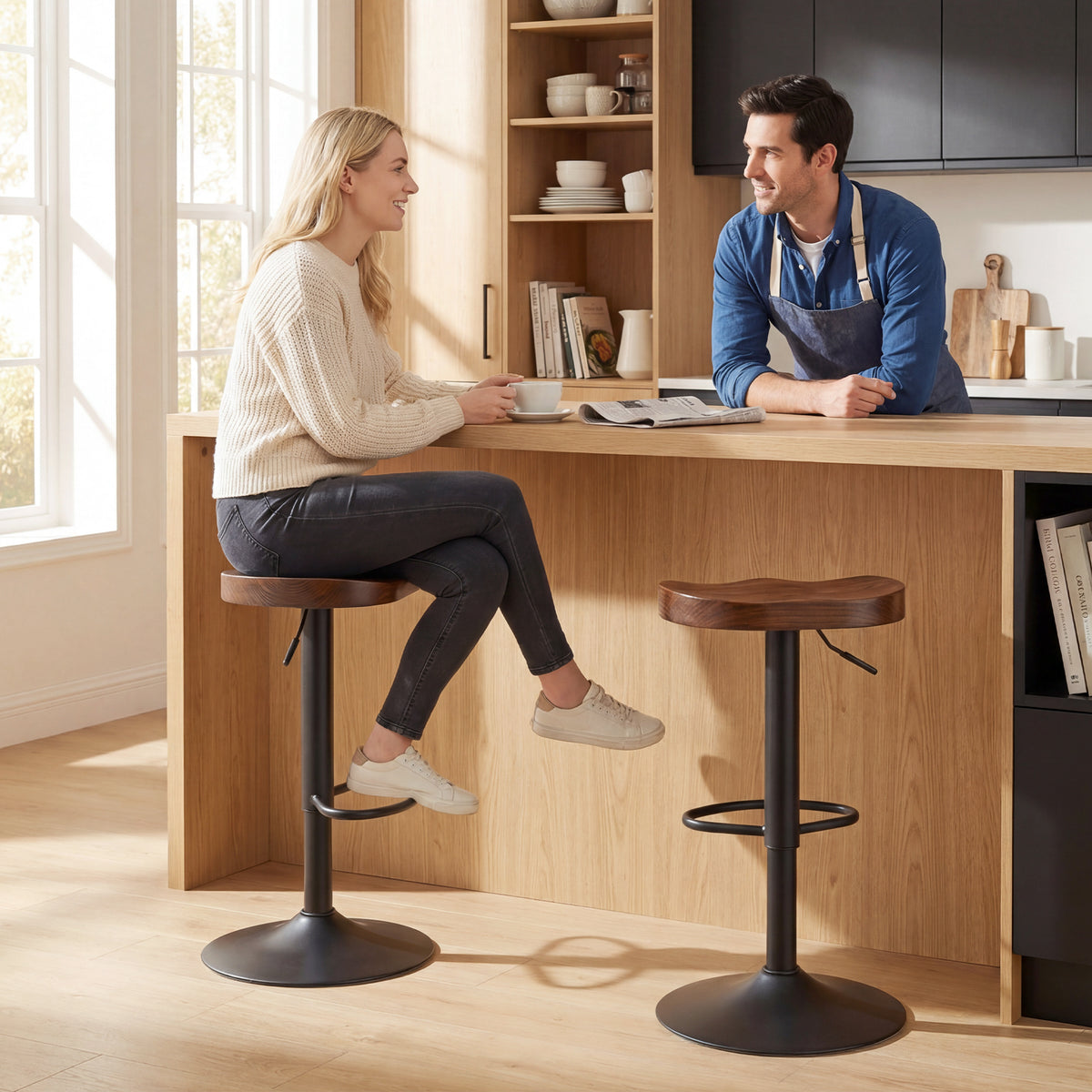 Tabourets de Bar Lot de 2 Réglables Pivotants Chaises de Cuisine avec Siège en Bois d'Orme Marron Foncé-9