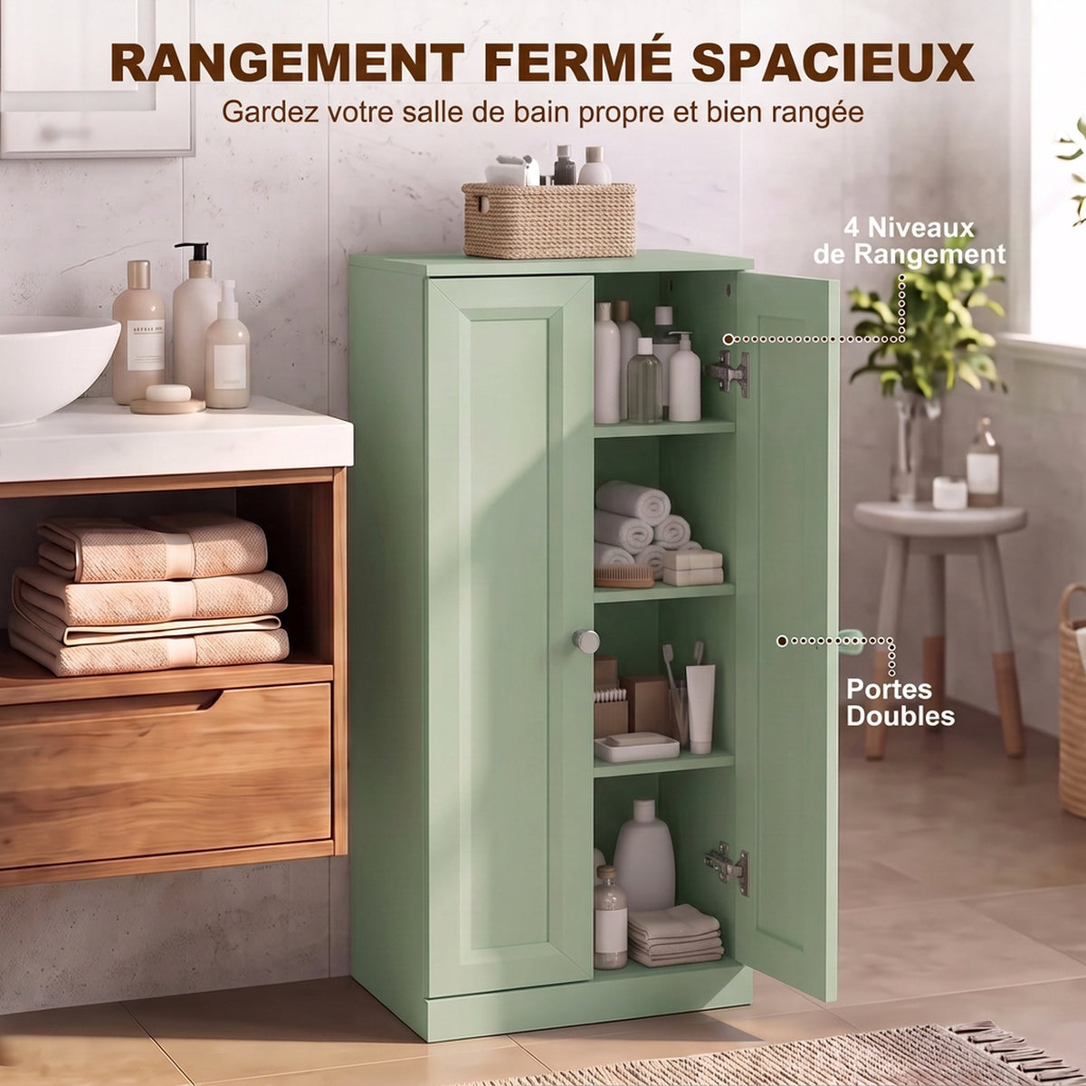 Meuble de Salle de Bain Étroit, Meuble de Rangement Sur Pied avec 2 Portes et 3 Étagères, pour Salon, Chambre, Vert-3
