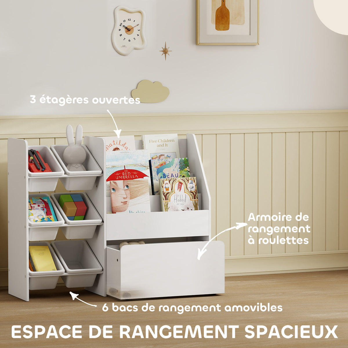 Meuble rangement enfant rangement jouet enfant 6 bacs amovibles et grand coffre à roulettes 100 x 30 x 80 cm blanc-3