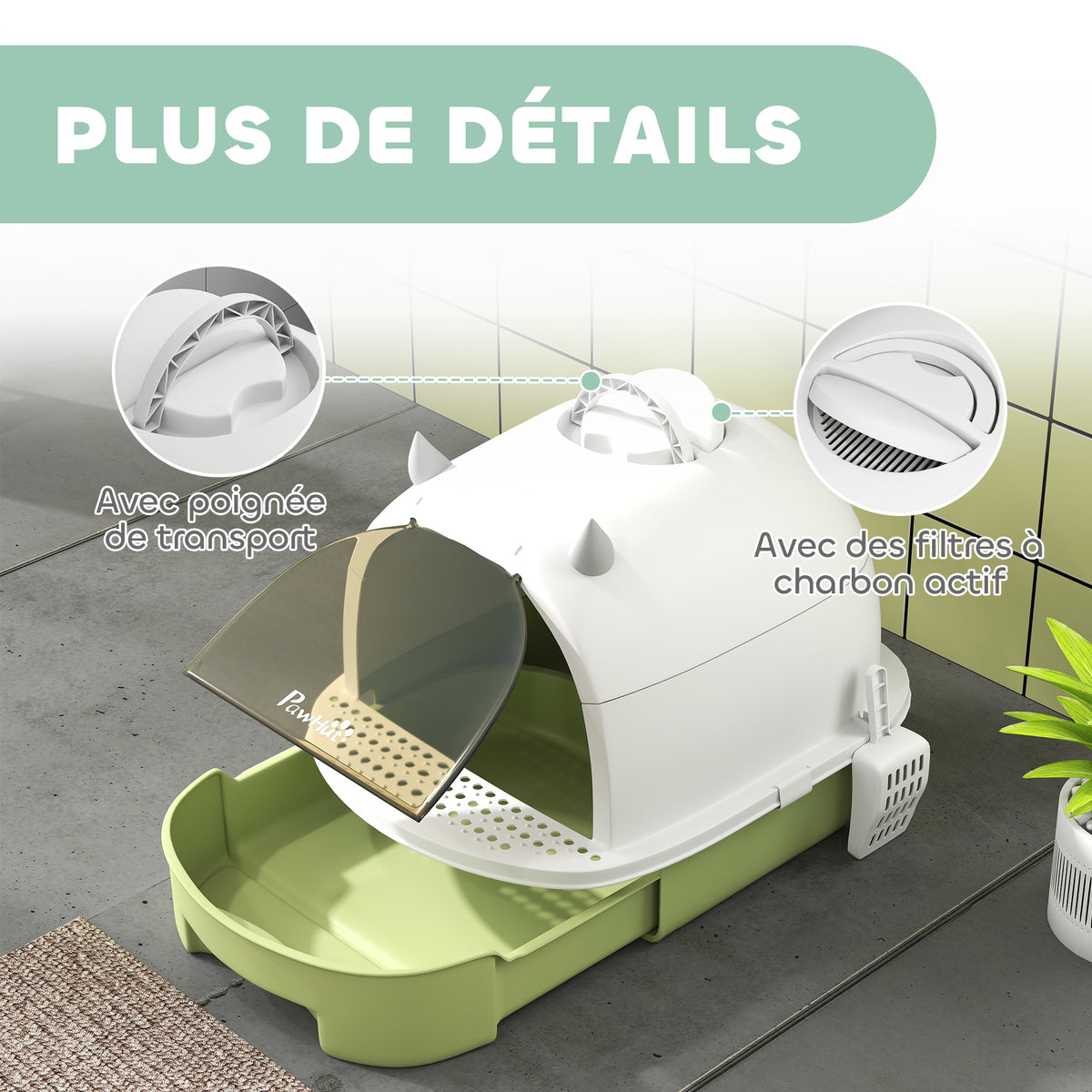 Maison de toilette pour chat bac à litière fermé chat poignée de transport porte translucide 40,5 x 52 x 39 cm vert-6