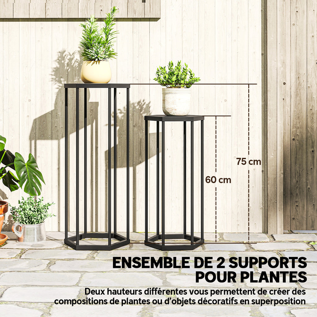 Lot de 2 supports pour plantes, tabouret à fleurs hexagonal en métal, intérieur et extérieur, noir-3