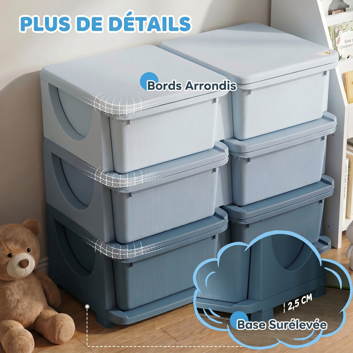 Organisateur de jouets pour enfants à 3 niveaux avec 6 tiroirs, boîtes de rangement en plastique, 75x37x56,5cm, bleu-6