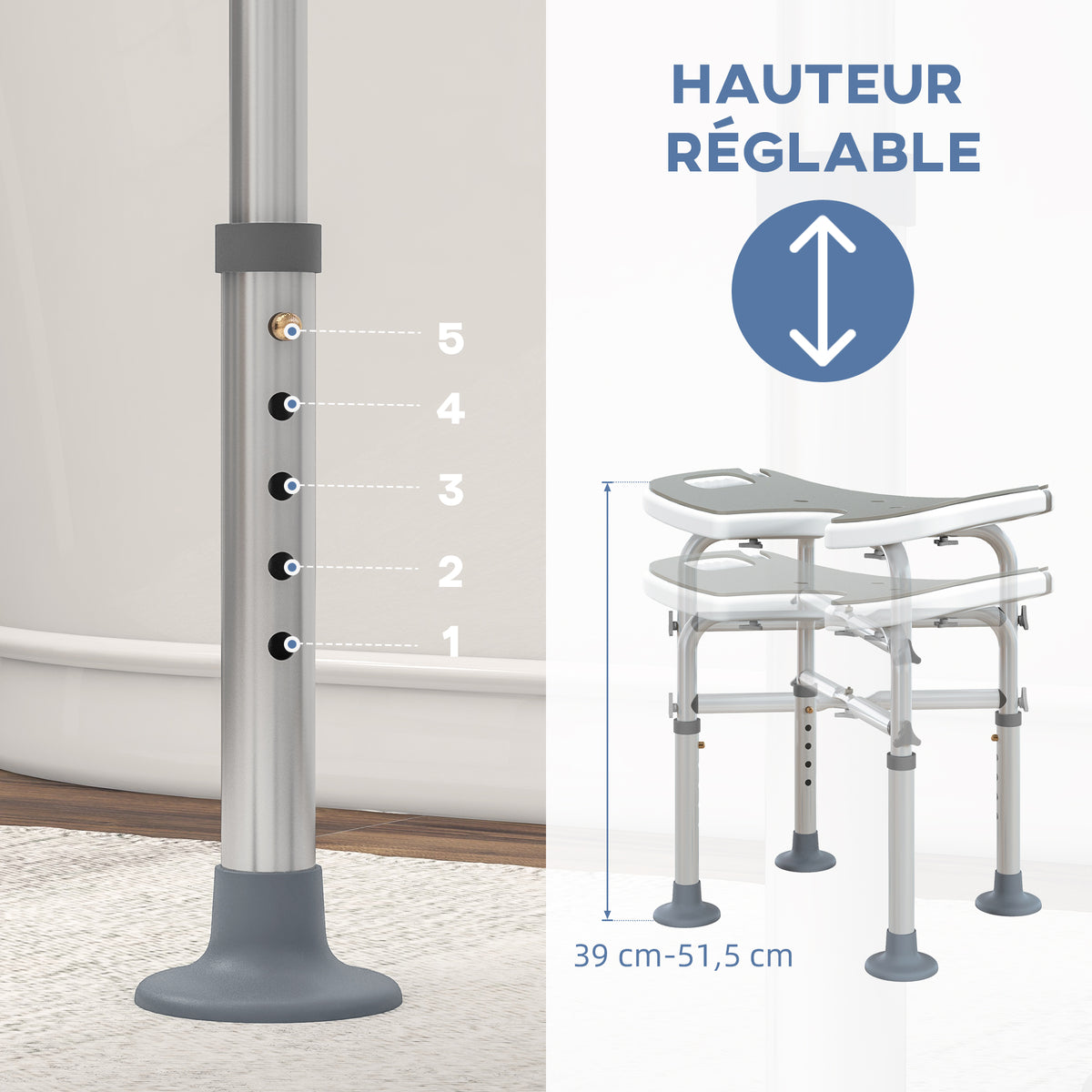Tabouret de douche siège de douche hauteur ajustable 39-51,5 cm barre d'appui à ventouse patins à ventouse gris-4