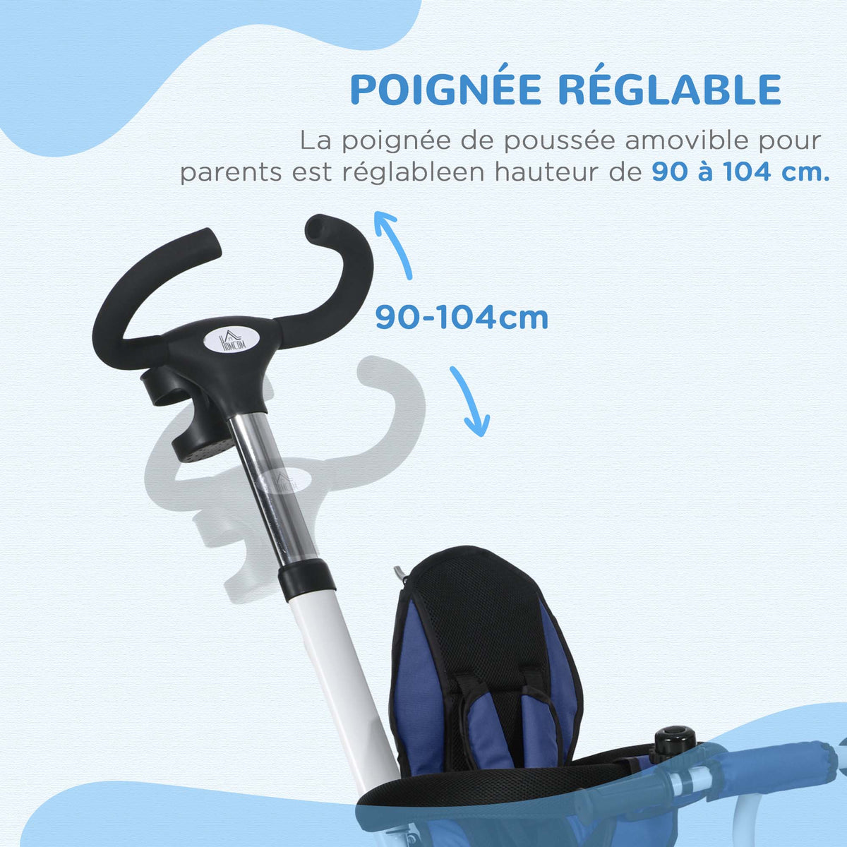 Tricycle 6 en 1 pour enfants, poignée de poussée, siège réversible, panier, auvent, ceinture de sécurité, 1-5 ans, bleu-6