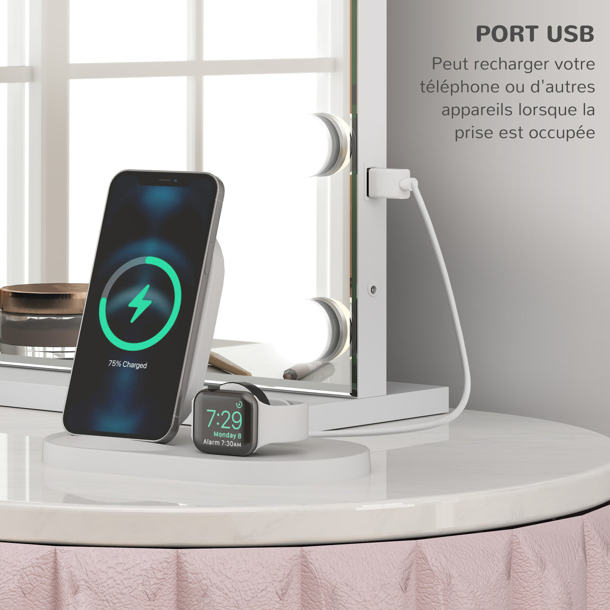 Miroir maquillage lumineux LED intensité réglable miroir grossissant port de charge USB, 80 x 62 cm-3