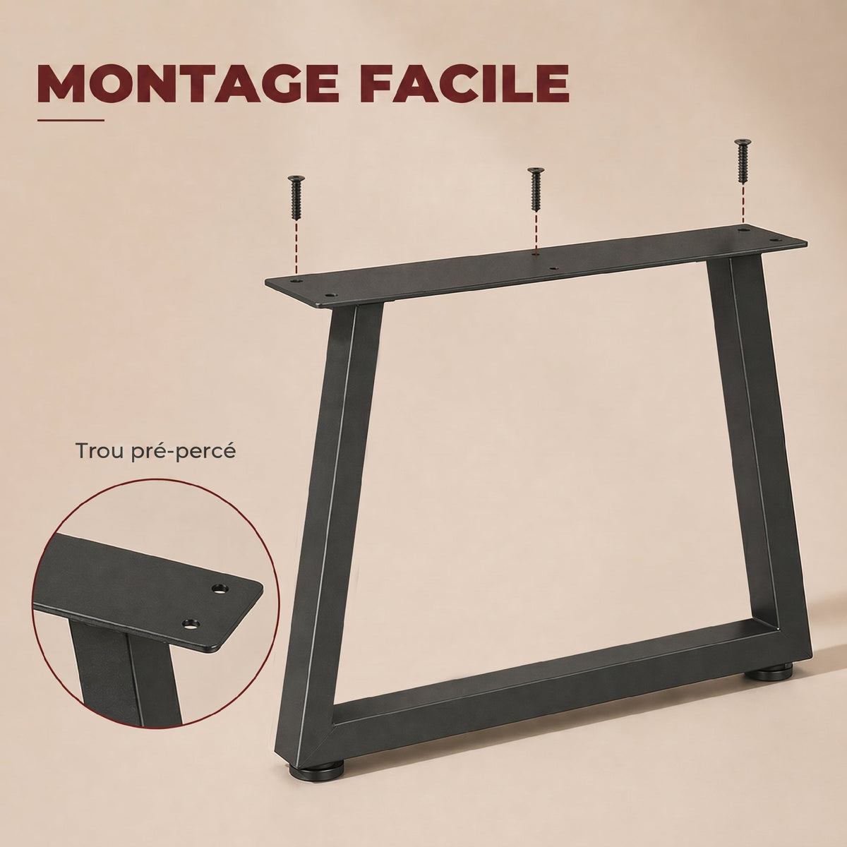 Pieds de table en acier, 60 x 43 cm, lot de 2 pieds de bureau trapezoïdes avec patins réglables et vis, noir-5