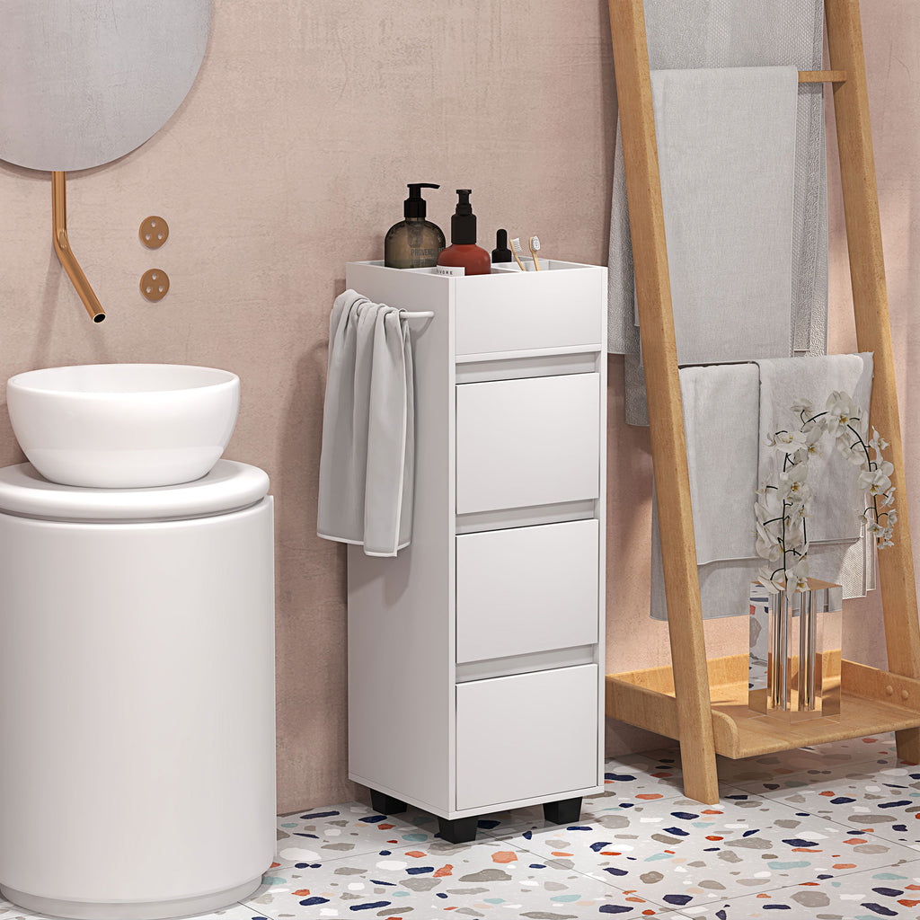 Meuble de rangement pour salle de bain avec 4 compartiments, 3 tiroirs et porte-serviettes, dim. 35 x 30 x 90 cm, blanc-1