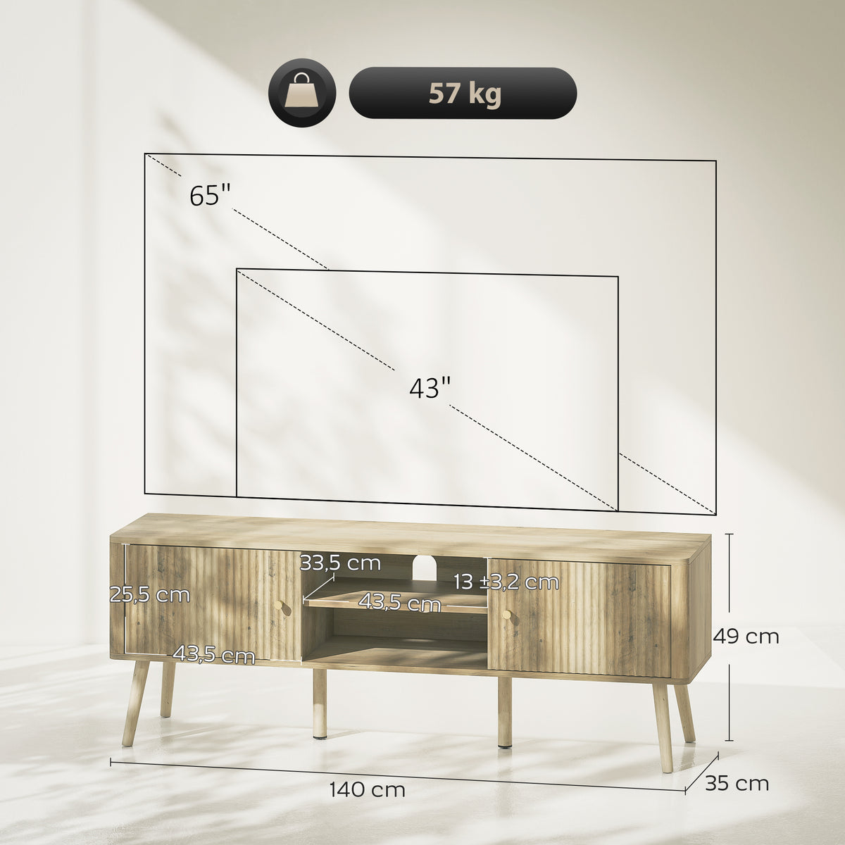 Meuble TV, meuble télé jusqu'à 65 pouces avec 2 portes, 2 compartiments ouverts, étagère réglable, 140x35x49cm, chêne-2