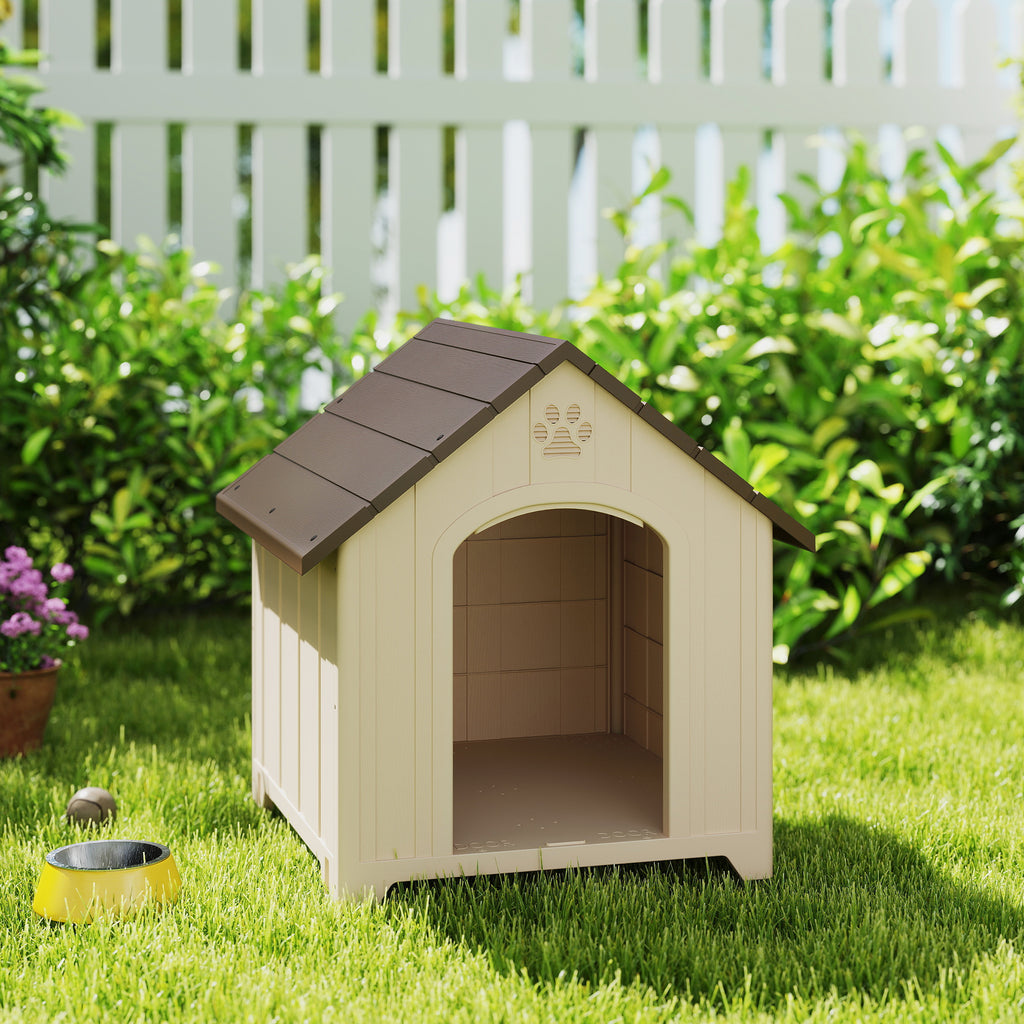 Niche pour chien extérieur, maison chien en polypropylène imperméable, ventilé, plancher surélevé, beige-1