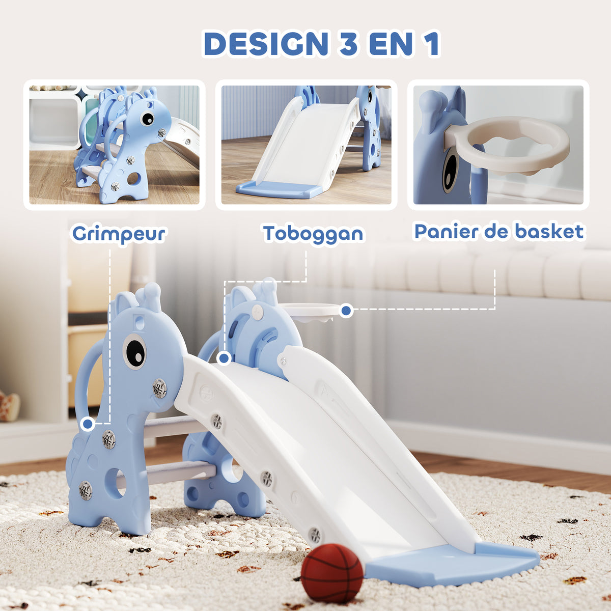 Toboggan pour enfants 3 en 1 en forme de girafe avec panier de basket, escalade et ballon, 106 x 51,5 x 52 cm, bleu-3