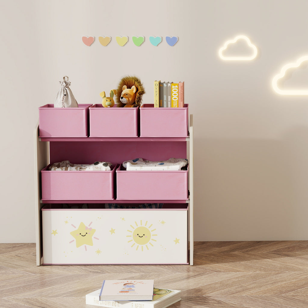Meuble rangement enfant à 3 niveaux, étagère de rangement pour jouets enfants avec 6 boîtes en tissu amovibles, rose-8