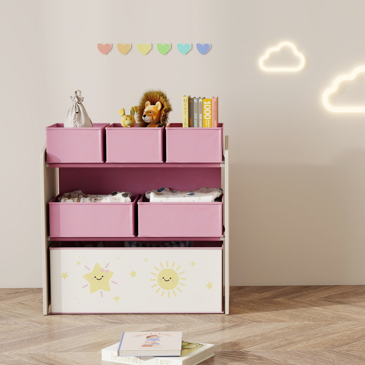 Meuble rangement enfant à 3 niveaux, étagère de rangement pour jouets enfants avec 6 boîtes en tissu amovibles, rose-8