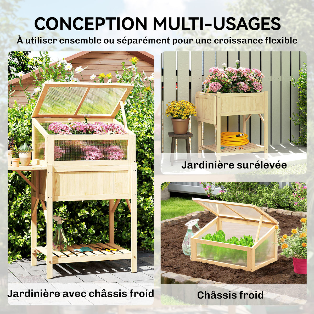 Carré potager sur pieds avec serre, jardinière surélevée, table latérale pliante et étagère, 104x50x120cm, bois naturel-3