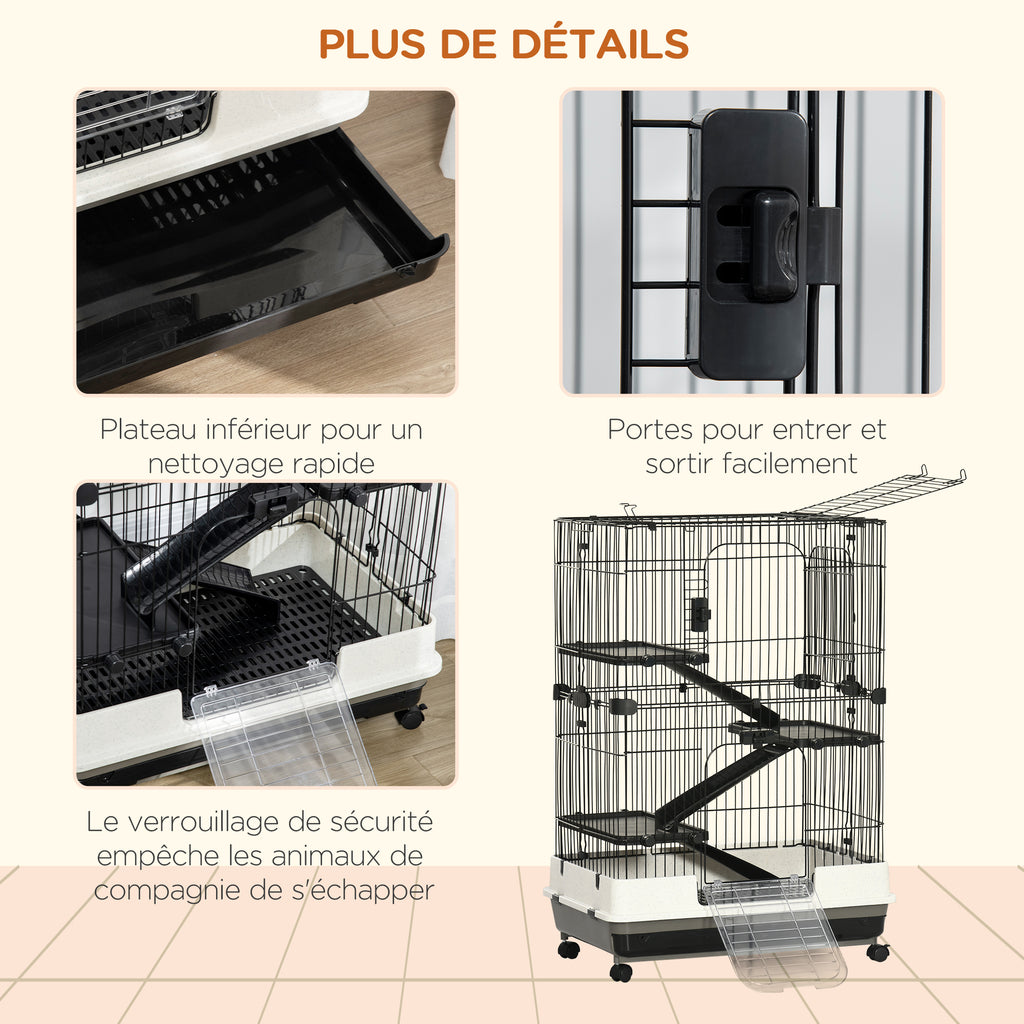 Cage pour petits animaux roulante 3 plates-formes démontables 3 rampes plateau inférieur amovible métal PP 81,2 x 52,7 x 114 cm noir-6
