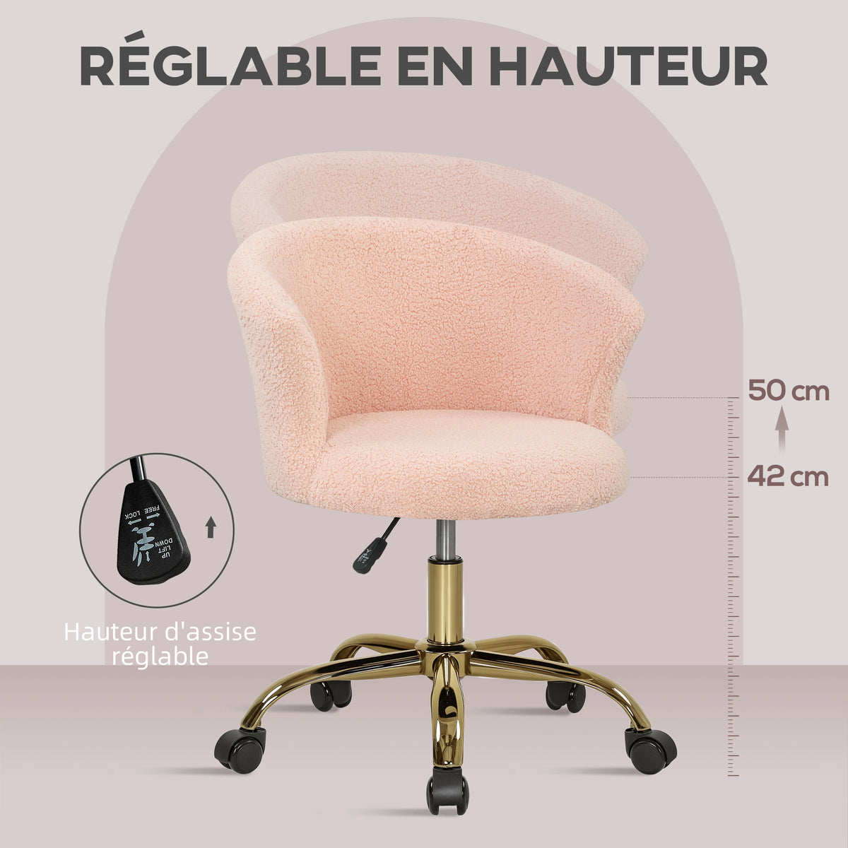 Chaise de bureau, fauteuil de bureau ergonomique réglable en hauteur, siège pivotante, piètement en acier, rose-3
