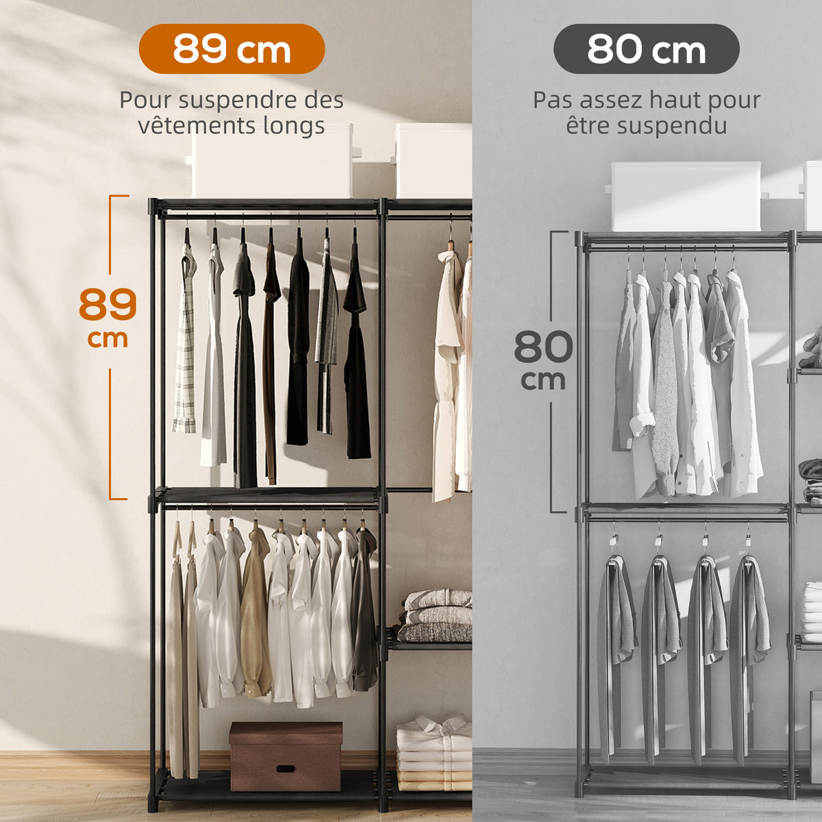 Armoire de rangement, penderie portable avec 2 barres de suspension et 6 étagères, 111 x 43 x 185 cm, noir-3