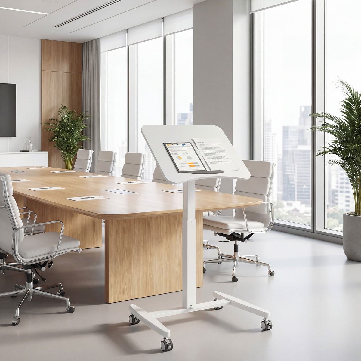 Bureau Debout Réglable en Hauteur, Plateau Inclinable, Roulettes et Cadre en Acier, 60,5 x 52 x 75-114 cm, Blanc-6