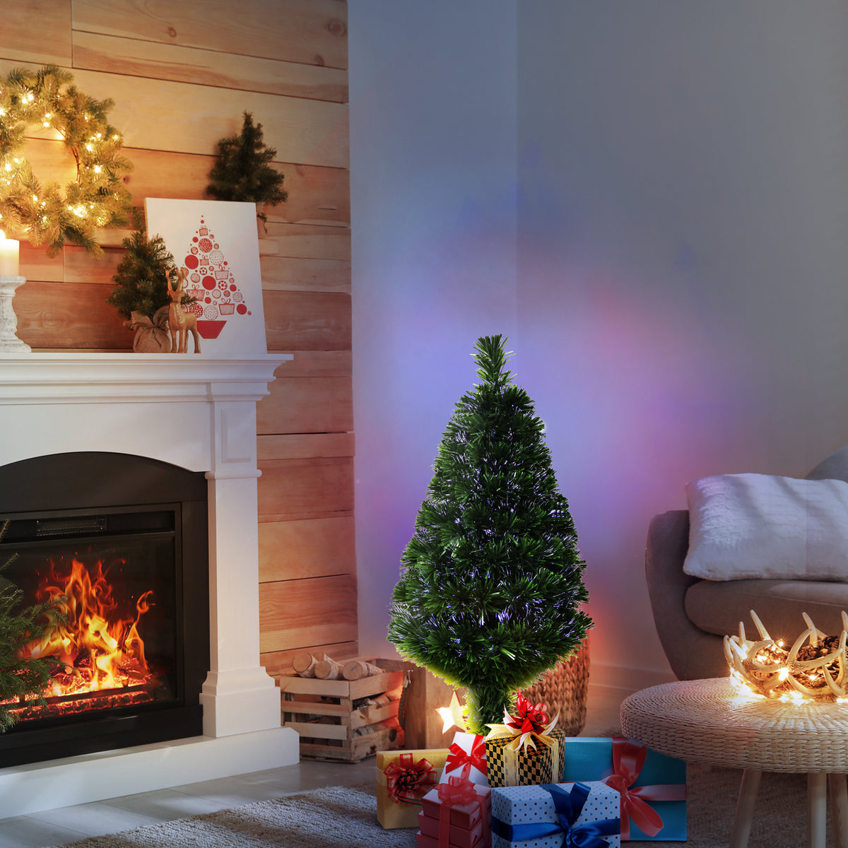 Sapin de Noël Artificiel Lumineux 90H cm Fibre Optique Multicolore + Support Pied 90 Branches Vert-1