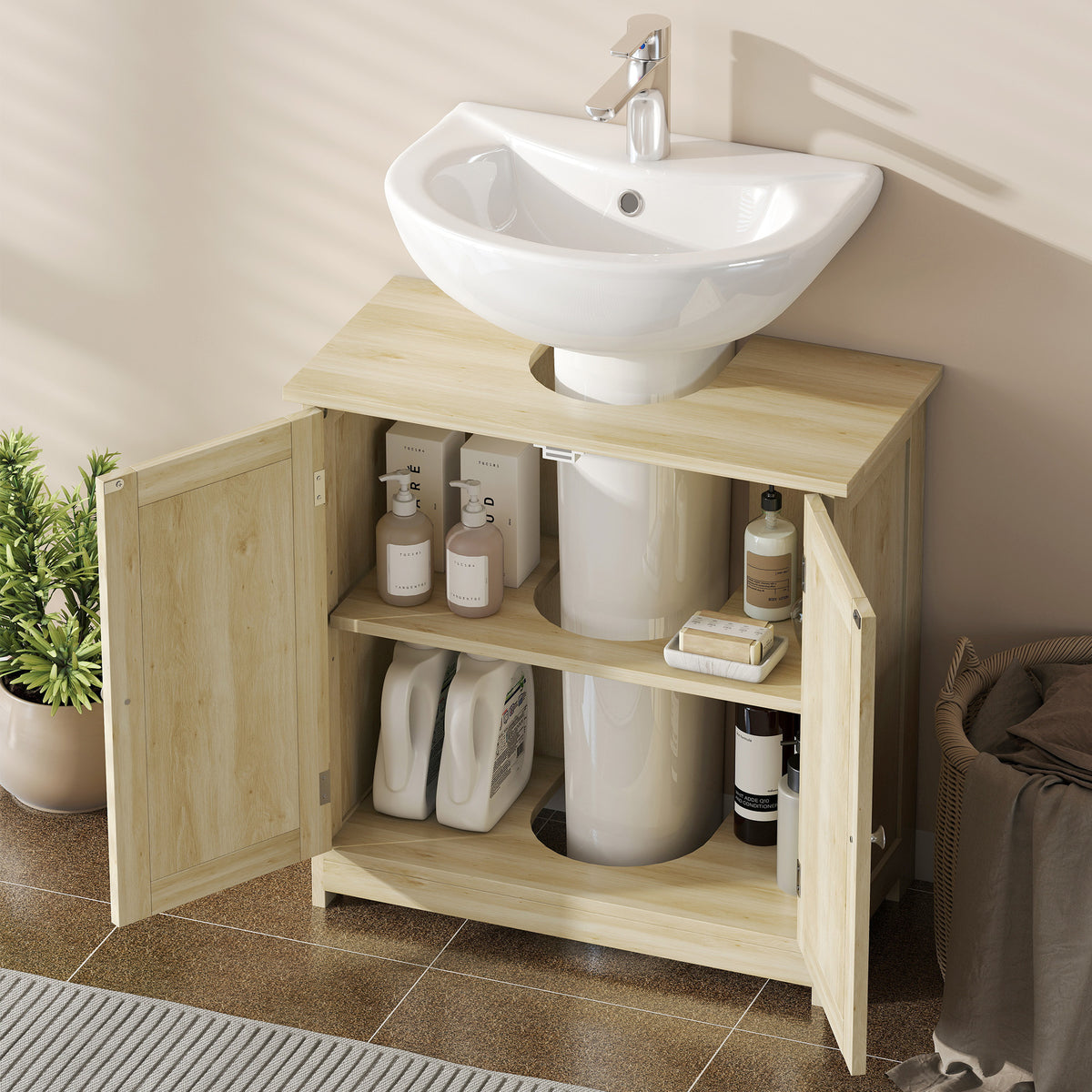 Meuble Salle de Bain sous Lavabo, Meuble sous-Vasque, Placard 2 Portes avec Étagère, 60x30x60cm, Chêne-7