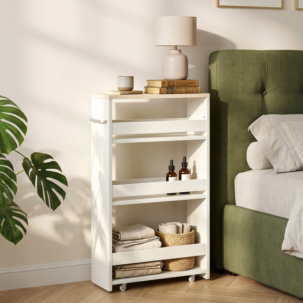 Chariot de rangement à 3 niveaux chariot de stockage étagère sur roulettes pour cuisine étroite salle de bain buanderie bureau avec poignée - 48 x 15 x 80 cm blanc-8