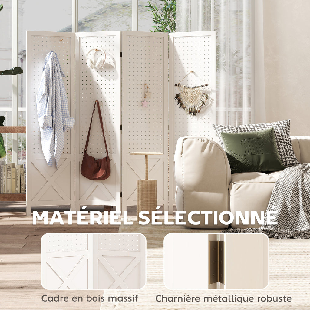 Paravent intérieur en bois 4 panneaux séparateur de pièce pliable panneau perforé 152 x 1,7 x 144,5 cm blanc-4