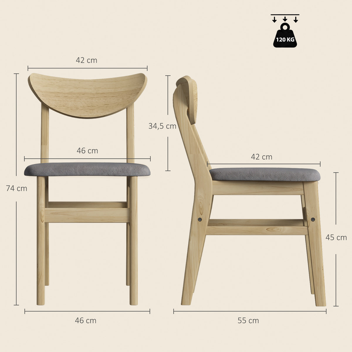 Lot de 2 Chaises de Salle à Manger, Chaises Cuisine, Assise Rembourrées en Lin, Dossier Incurvé, Gris et Bois Naturel-2