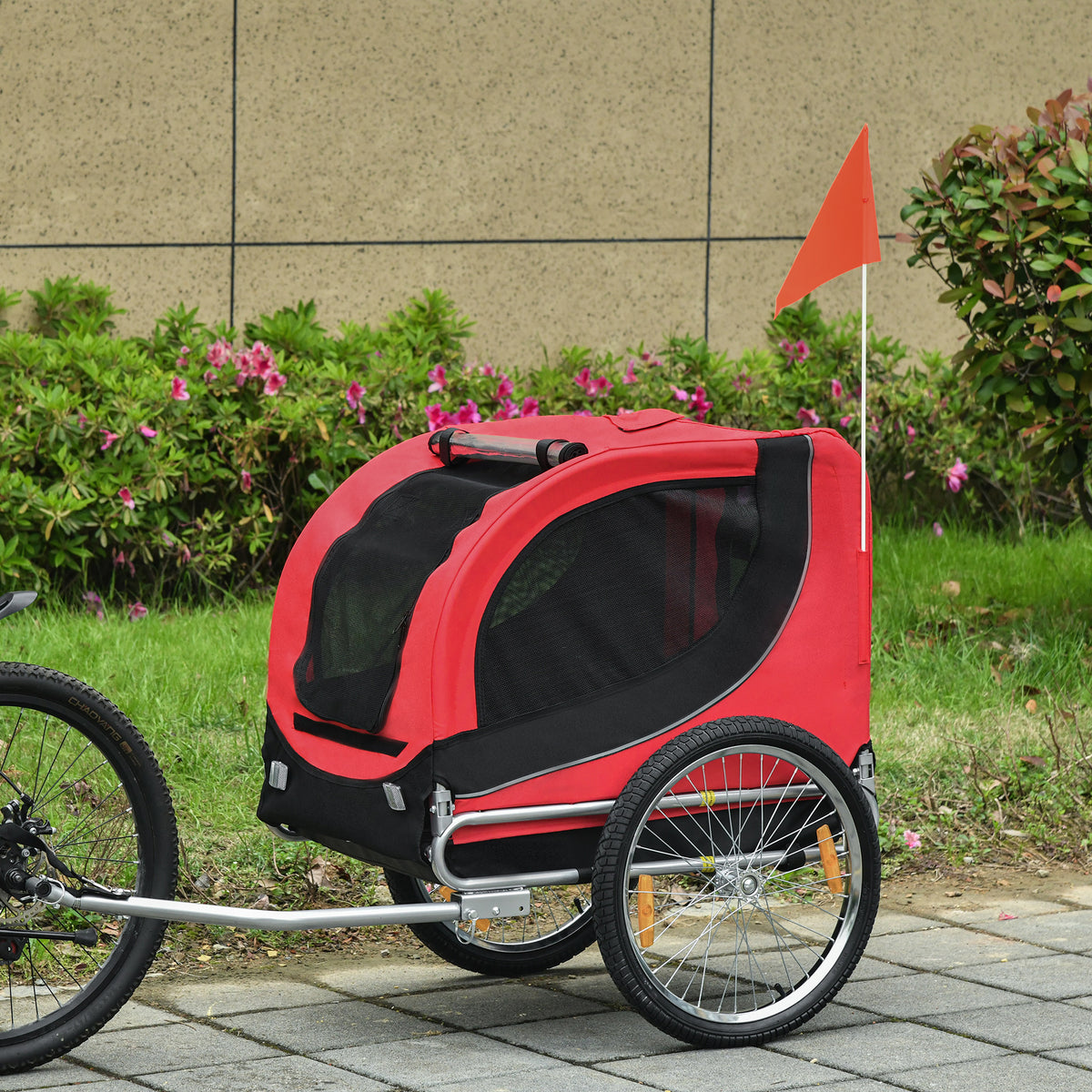 Remorque velo pour chien animaux avec 8 reflecteurs drapeau rouge noir-9