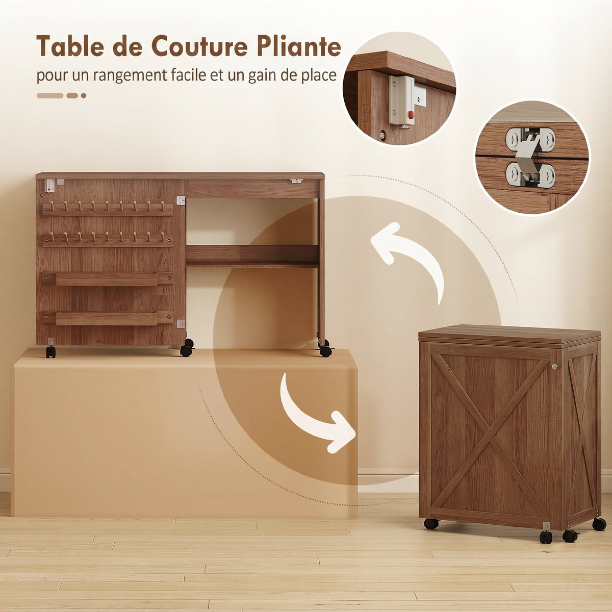 Table de Couture Pliante, Meuble Couture Roulant, Porte Magnétique de Grange, 2 Bacs, Étagère, 18 Chevilles, marron-4